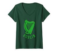Women's Dublin Irish Celtic Harp s Medieval s Emblem of Dublin V-Neck T-Shirt, Dark Green, Medium