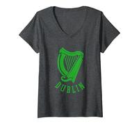Women's Dublin Irish Celtic Harp s Medieval s Emblem of Dublin V-Neck T-Shirt, Dark Heather Grey, Large