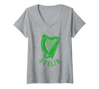 Women's Dublin Irish Celtic Harp s Medieval s Emblem of Dublin V-Neck T-Shirt, Heather Grey, X-Large