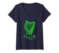 Women's Dublin Irish Celtic Harp s Medieval s Emblem of Dublin V-Neck T-Shirt, Navy Blue, Medium