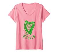 Women's Dublin Irish Celtic Harp s Medieval s Emblem of Dublin V-Neck T-Shirt, Pink, X-Large