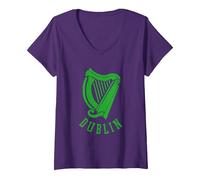 Women's Dublin Irish Celtic Harp s Medieval s Emblem of Dublin V-Neck T-Shirt, Purple, Medium