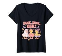 Womens Duck Eek Funny Halloween Ghost Ducks Design V-Neck T-Shirt