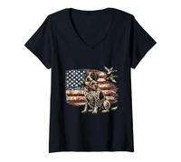 Women's Duck Hunting German Shorthaired Pointer Patriot Flag V-Neck T-Shirt
