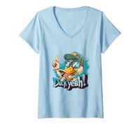 Women's Duck Yeah Thumbs Up Cool Cartoon Duck with Hat Sunglasses V-Neck T-Shirt