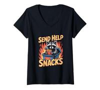 Womens Dumpster Fire Raccoon Send Help Snacks Humor V-Neck T-Shirt