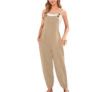 Womens Dungarees 2024 Summer Casual Loose Bib Overalls with Pockets Ladies Button Straps Tapered Leg Romper Pants Sleeveless Comfy Plain Dungarees for Going Out