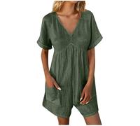 Womens Dungarees Boho Lounge Rompers One Piece Casual Overalls Summer Short Sleeve Ladies Jumpsuits Plus Size Beach Vacation Short Playsuits with Pockets