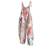 Womens Dungarees Casual Boho Sleeveless Jumpsuits Summer Overalls Loose Floral Printed Wide Leg Floral Rompers Long Playsuit with Pocket Holiday Beach (Pink, S)