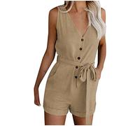 Women's Dungarees Cotton Linen Playsuit Loose Casual Short Jumpsuit Baggy Sleeveless Overall V Neck Short Playsuit Buttons Down Solid Trousers All in One Office Elegant Overalls Plus Size Khaki