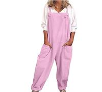 Women's Dungarees Plus Size Soft Cotton Linen Overalls Vintage Solid Adjustable Strap Sleeveless Jumpsuit Casual Baggy Wide Leg Suspender Rompers Oversized Long Pants Onesies