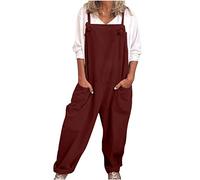 Women's Dungarees Plus Size Soft Cotton Linen Overalls Vintage Solid Adjustable Strap Sleeveless Jumpsuit Casual Baggy Wide Leg Suspender Rompers Oversized Long Pants Onesies