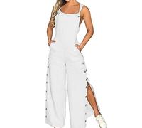 Women's Dungarees Sleeveless Cotton Linen Jumpsuit High Split Snap Button Wide Leg Baggy Overall Trousers Comfy Solid Summer Boho Romper with Pockets White