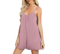Women's Dungarees Spaghetti Strap Solid Sleeveless Pajamas Jumpsuits Summer Breathable Comfort Sports Suspender Playsuits Casual Wide Leg Shorts One Piece Rompers with Pocket Fashion Jumpsuits