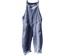 Women's Dungarees Summer Jumpsuit - Baggy Oversize Trouser Suit Sleeveless Striped Playsuit Casual Loose Jumpsuit Spring One Piece with Pockets Sporty Bib Shorts Spaghetti Straps Long Trousers, blue,