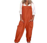 Women's Dungarees Uk Plus Size Cotton Linen Bib Overalls Loose Casusl Sleeveless Adjustable Strap Long Jumpsuit Solid Baggy Wide Leg Suspender Rompers Oversized Dungarees with Pockets