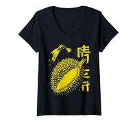 Womens Durian Fruit Graphic Scribble Art Durian V-Neck T-Shirt