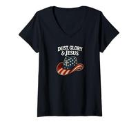Womens Dust Glory and Jesus Western Cowboy Hat Cross American Flag V-Neck T-Shirt