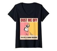 Women's Dust Me Off I'm Still A Damn Treasure Retro Sassy Pinup Maid V-Neck T-Shirt