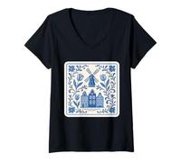 Women's Dutch Delft Blue Windmill & Canal Houses with Floral Tulips V-Neck T-Shirt