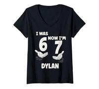 Women's Dylan Personalized I was 6 Now I'm 7 Birthday Boy Bday V-Neck T-Shirt