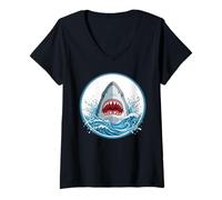 Women's Dynamic Great White Shark Ocean Wave Art V-Neck T-Shirt