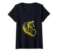 Women's Dynamic Mountain Biker in Yellow Abstract Motion V-Neck T-Shirt