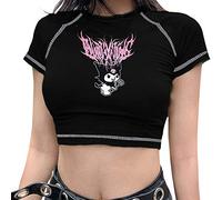 Women's E-Girl Y2K Short Sleeve T-Shirt Graphic Print Round Neck Crop Top T-Shirt Harajuku Crop Tee Tops Kawaii Streetwear (Black, XXL)
