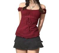 Womens E-Girls Short Sleeve T-Shirt Round Neck T-Shirts Y2k Gothic Short Sleeve Skull Wings Print Tops Fairy Grunge Tee Tops Aesthetic (C-Red, S)