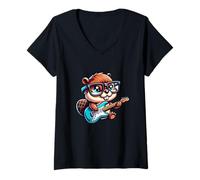 Womens E-Guitar Cute Beaver Rock N Roll V-Neck T-Shirt