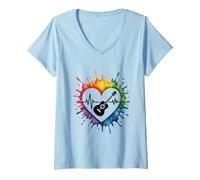 Womens E-Guitar Heartbeat Colorful Love Expression V-Neck T-Shirt
