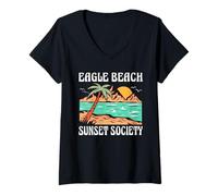 Womens Eagle Beach Aruba Sunset Society Retro Beach Design V-Neck T-Shirt
