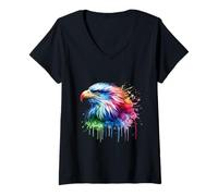 Womens Eagle Head Art - Rainbow Bird with Watercolour Splash V-Neck T-Shirt