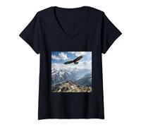 Women's Eagle Soaring Mountain Peaks Sky Wildlife Scene V-Neck T-Shirt