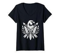 Women's Eagle Tribal White Boho Feathers Arrows Southwestern Motifs V-Neck T-Shirt