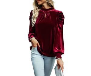 Women's Early Spring Autumn Winter Solid Colour Velvet Long Sleeve Shirt Daily Commuter Bubble Sleeve Tops Bow Tie Pullover blouses (UK, Alpha, S, Regular, Regular, Burgundy)