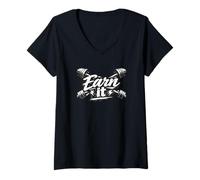 Women's Earn It Weight Lifting Motivation Barbell Strength Grit V-Neck T-Shirt