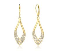 Women's Earrings, 14K Gold Plated Dangle Earrings, French Loops Leaf Shape with Hole Pattern and Zirconia, Copper Plated Gold Plated Dangle Earrings for Women