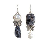 Women's Earrings Blue Jewelry Metal Water Pattern Cute Asymmetrical Earrings Dark Drop Flower Statement Pearl (As shows, One Size)