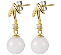 Women's Earrings boucles d'oreilles dames, Boucle D'Oreille S925 Argent Sterling Style Palais Rétro Feuille de Bambou Diamant Calcédoine Blanche Boule Ronde Femme Boucles D'Oreilles Simplesboucle d'or