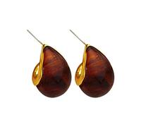 Women's Earrings Copper Plated Real Gold S925 Silver Needle Retro Water Drop Shaped Stud Resin Earrings Style (Brown, One Size)