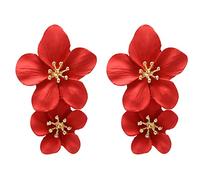 Women's Earrings Elegant Large Metal Double Luster Flower Earrings Statement Dangle Drop Flowers Wedding For Women Girls Teens Anniversary Friendship Exquisite Jewelry Gifts (Red, One Size)