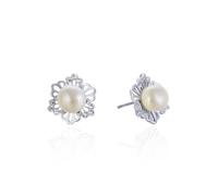 Womens Earrings, Sterling Silver Stud Earrings Silver Pearl and Cubic Zirconia on the Hollow Out Flower 13X11.7mm Aunt New Year Jewelry Classic