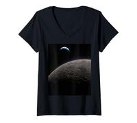 Women's Earth Crescent Above Lunar Surface Astronomy Space View V-Neck T-Shirt