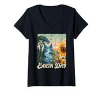 Women's Earth Day Retro Nature Forest River Wind Energy Bee V-Neck T-Shirt