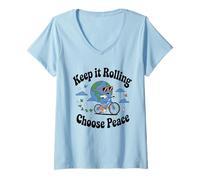 Womens Earth on Bicycle Peaceful World Cartoon Illustration V-Neck T-Shirt
