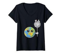 Womens Earth Planet and Moon Balloon Funny Space V-Neck T-Shirt