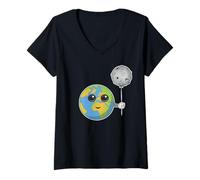 Womens Earth Planet and Moon Balloon Funny Space V-Neck T-Shirt