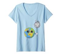 Womens Earth Planet and Moon Balloon Funny Space V-Neck T-Shirt