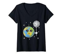 Womens Earth Planet and Moon Balloon Funny Space V-Neck T-Shirt